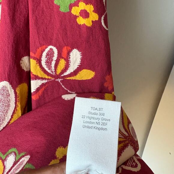 Toast Red Retro Floral Print Aster Short Sleeve Button Up Midi Shirt Dress 10 - Picture 8 of 8